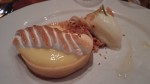 Lemon curd torta, olive oil sorbetto and almond crumble